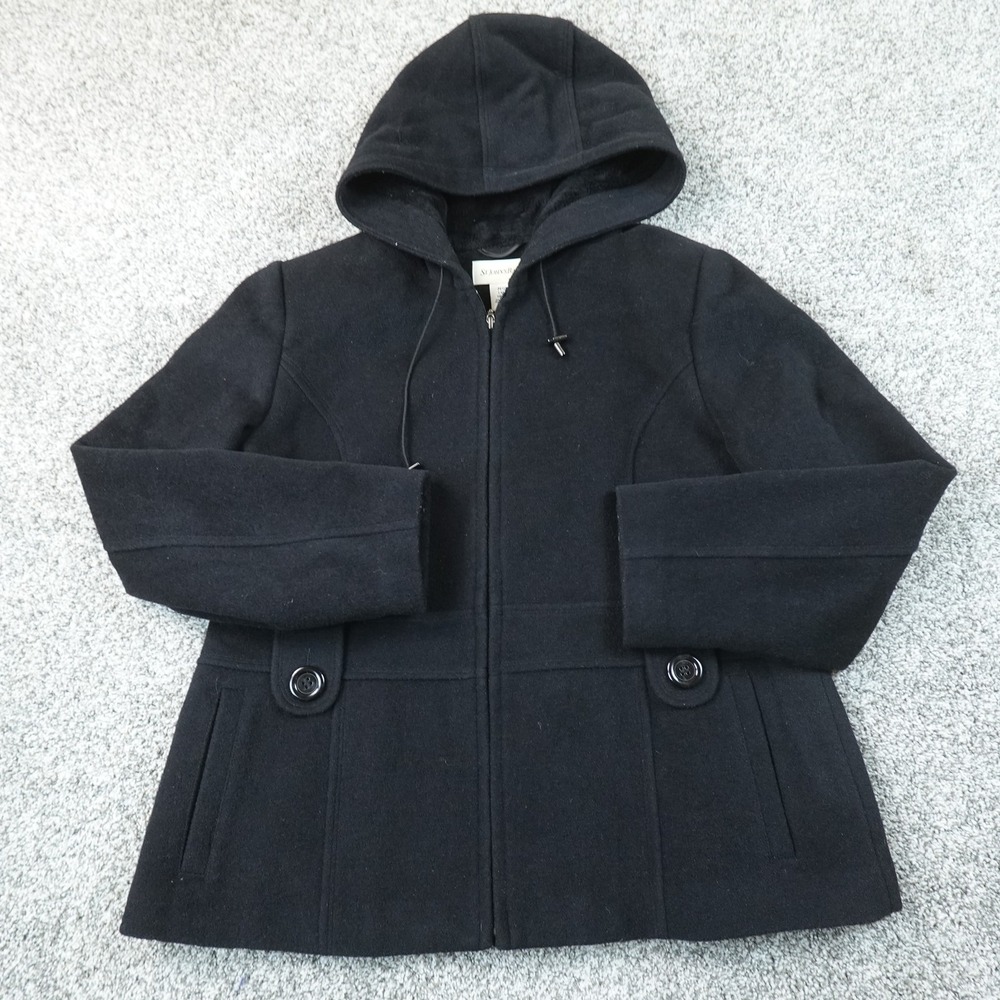 St Johns Bay Jacket Womens PL Black Wool Cashmere Hooded Pea Coat Full Zip Parka
